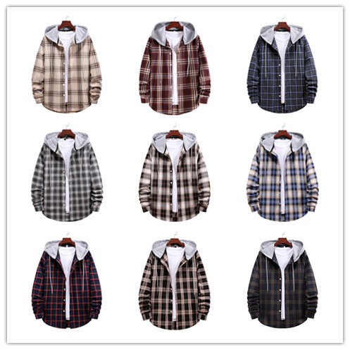 Camicia a maniche lunghe casual alla moda di grandi dimensioni con cappuccio scozzese allentato da uomo 2024_voghion.com