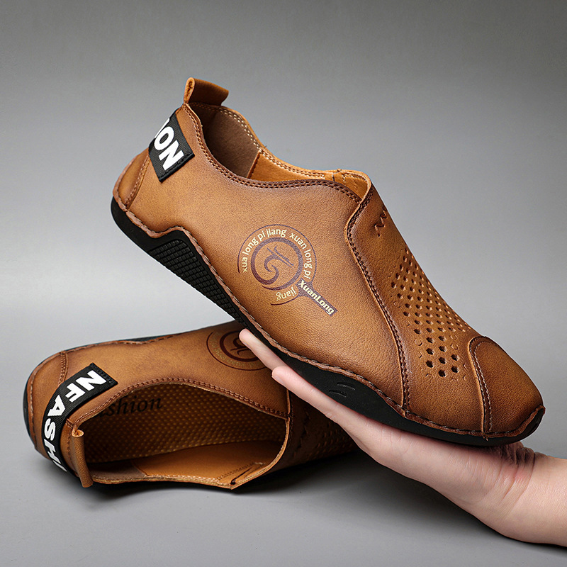 夏季2022新款跨境大码男士休闲软底豆豆鞋镂空透气懒人套脚男皮鞋|ms