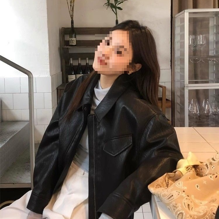 Yikeshu Black Leather Jacket Thickened Retro Hong Kong Style Winter New Jacket Motorcycle Jacket Slim Women's Short Leather Jacket