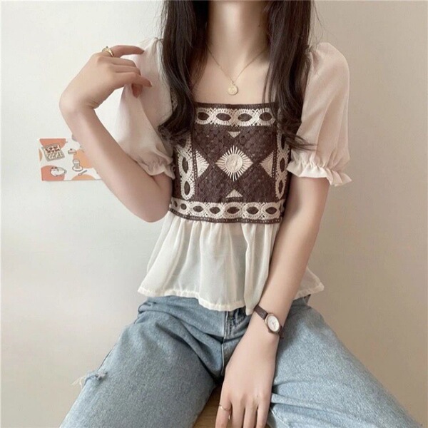 Summer base body-friendly retro knitted design shiffon T-shirt