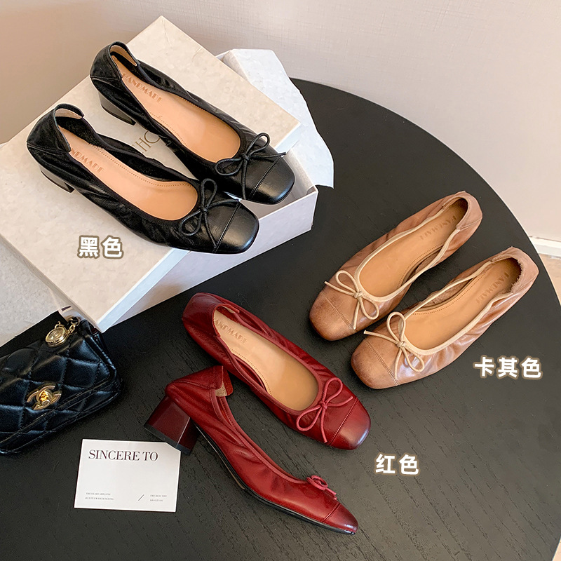 Washed Cowhide ~ 2025 New Genuine Leather Single Shoes Women's Soft Bottom Ballet Shoes Beef Sole Pea Shoes Coarse Heel Milk Shoes