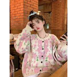 复古重工提花甜美花朵毛衣女秋冬宽松慵懒风软糯针织开衫外套