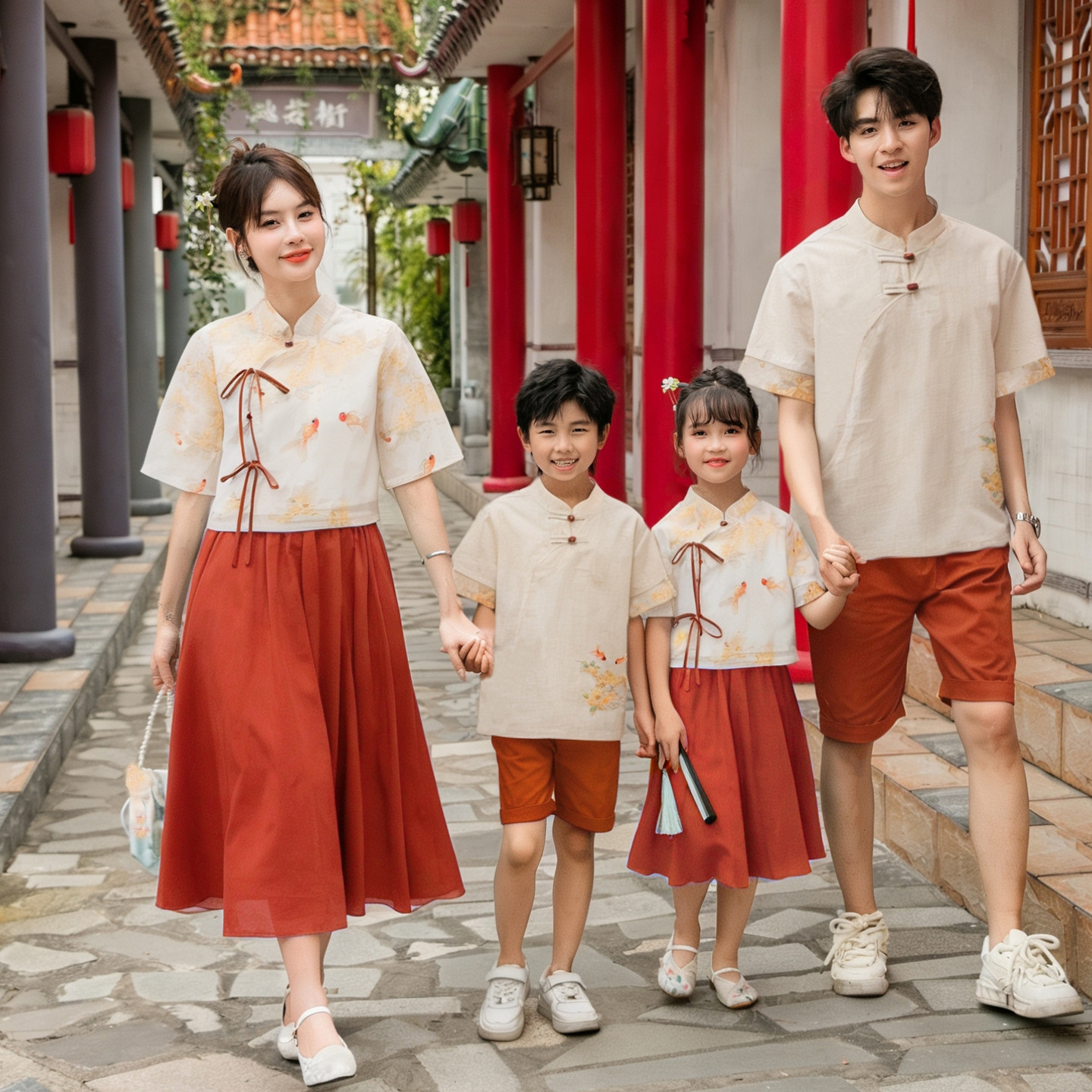 Traditional Chinese-style family matching outfits for a family of three, summer outfits, mother-daughter dresses, Tang suits, Hanfu, children's and student performance attire