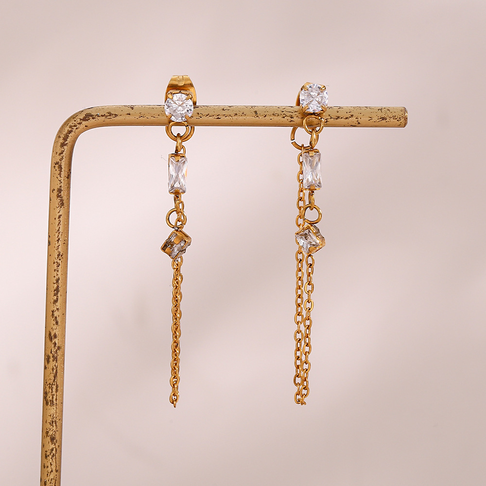 Fashion Womenu0027s Stainless Steel Square Geometric Zircon Chain Earrings