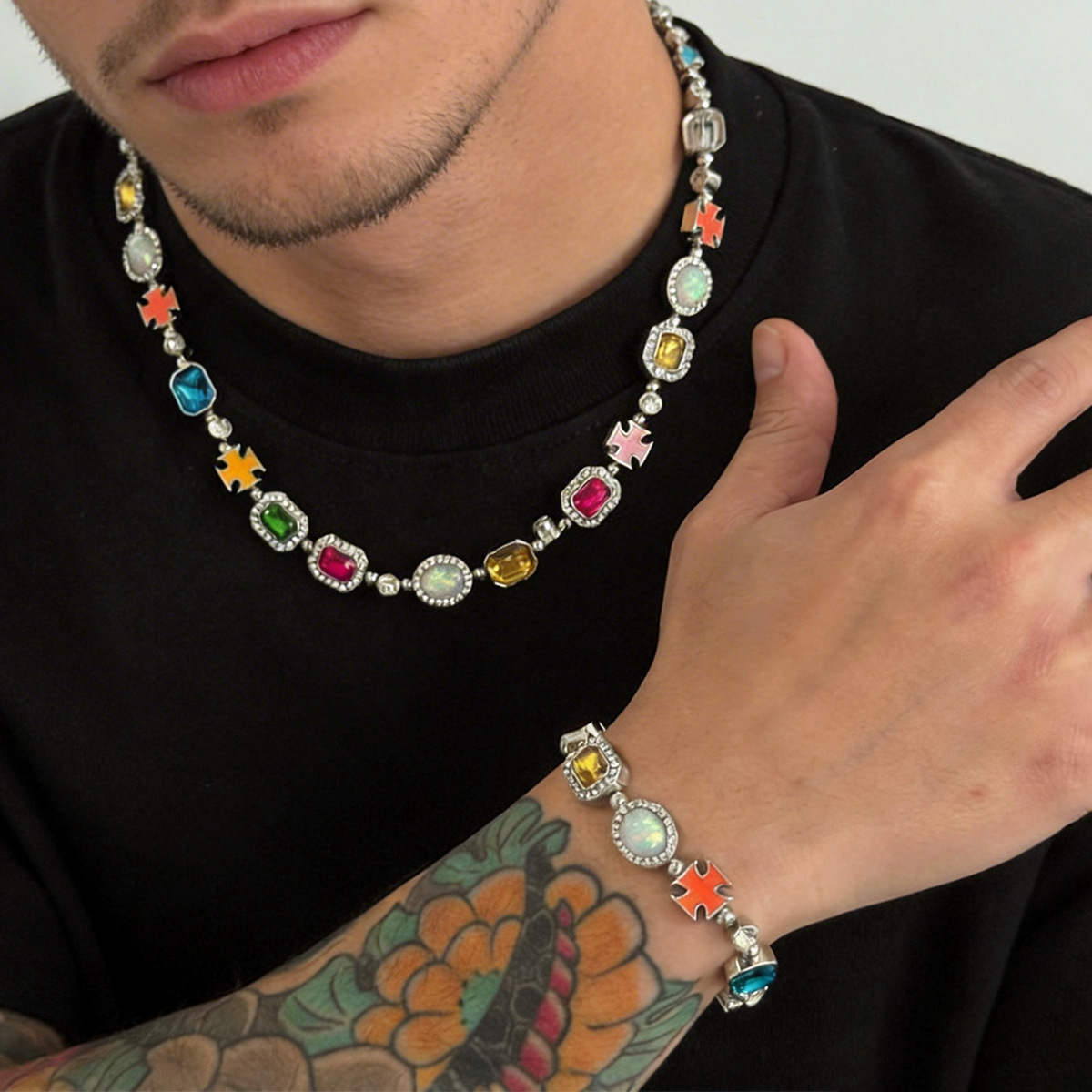 Men's Cross Necklace with Rhinestones and Enamel Finish, 07640
