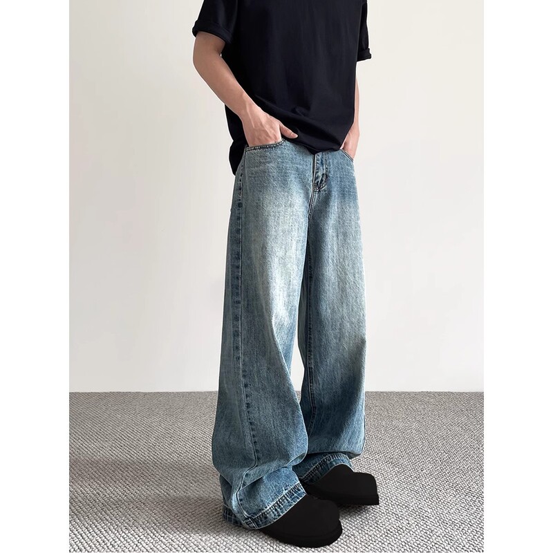 American Cleanfit Distressed Blue Jeans for Men and Women Summer Trendy High Street Straight Versatile Wide Leg Long Pants