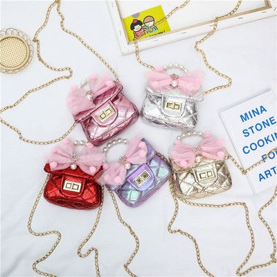 2021 new pattern children Bag lovely bow princess Small square package Beading portable girl laser Inclined shoulder bag
