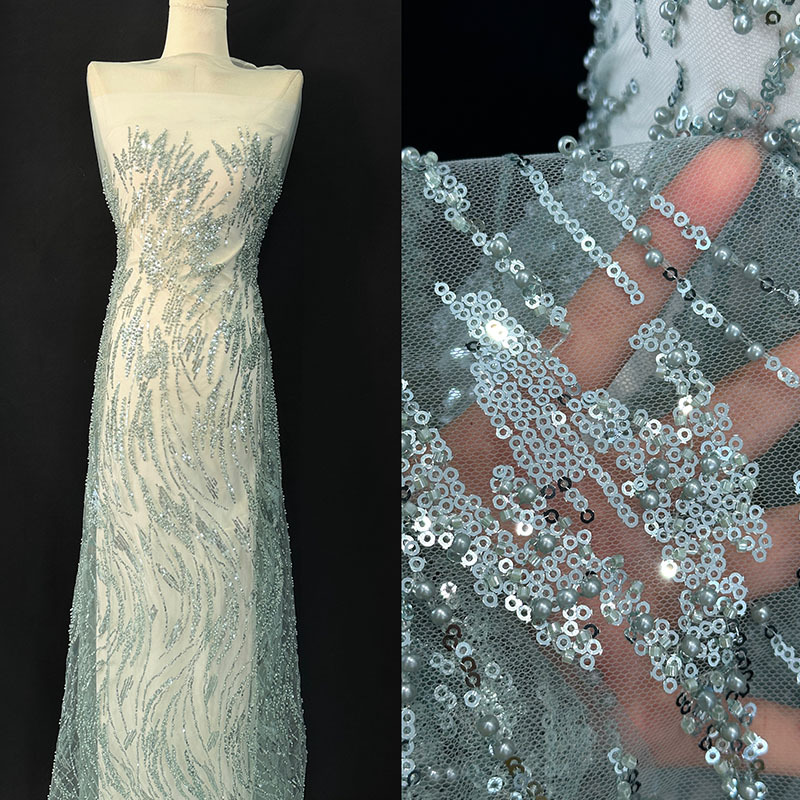 Tejido de bordado de perlas onduladas de agua vestido de boda vestido de moda mallas sequinado tejido bordado