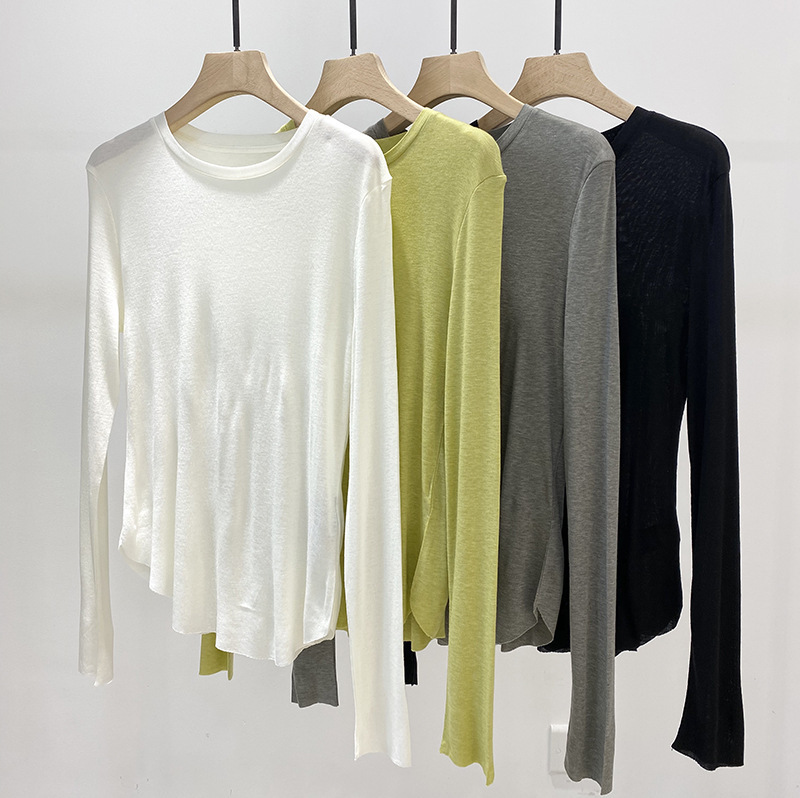 6926 Morandi Color Loose Thin Round Neck Long-Sleeve Base Shirt for Early Autumn Women, Soft and Silky Tencel Silk Blend