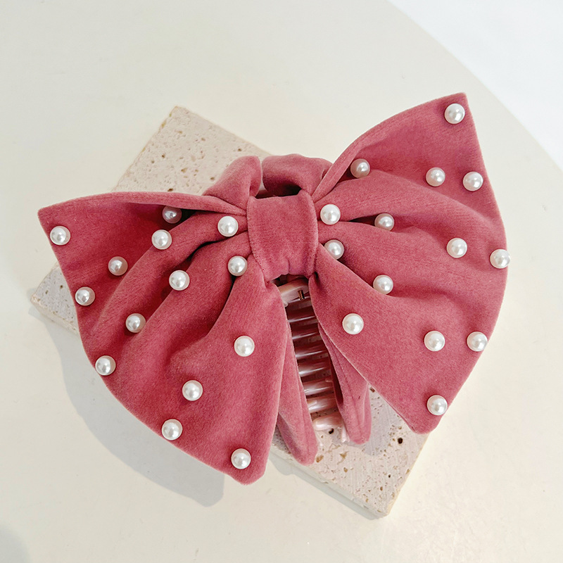 Bowknot Design Retro Style Retro Solid Color Imitation Pearl Cloth Bowknot Hair Claws 1 Piece