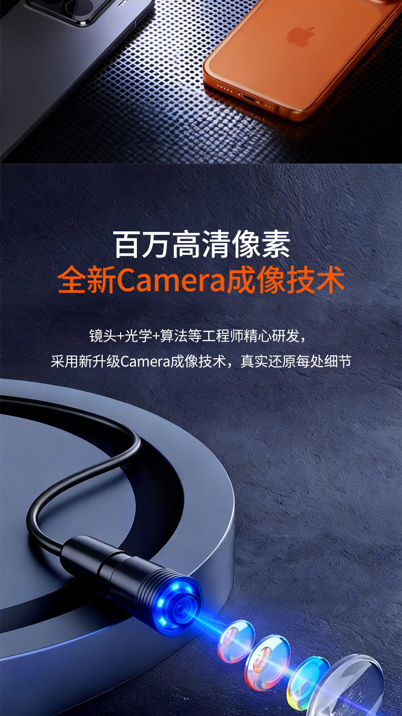 HD Smartphone Endoscope Compatible with Apple Android Hard Wire Automotive Repair Sewage Pipe Camera Dual Lens