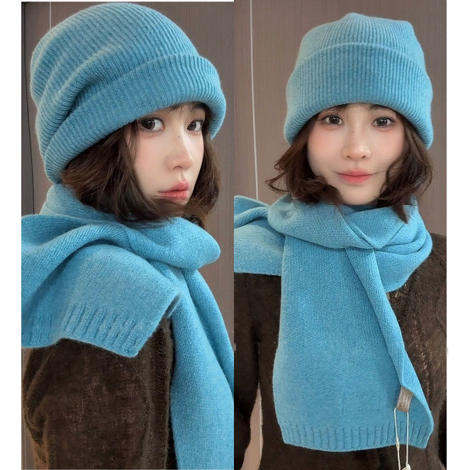 100% Australian Wool Knitted Hat and Scarf Set for Women, New Autumn and Winter Style, Warm and Flattering Blue Beanie