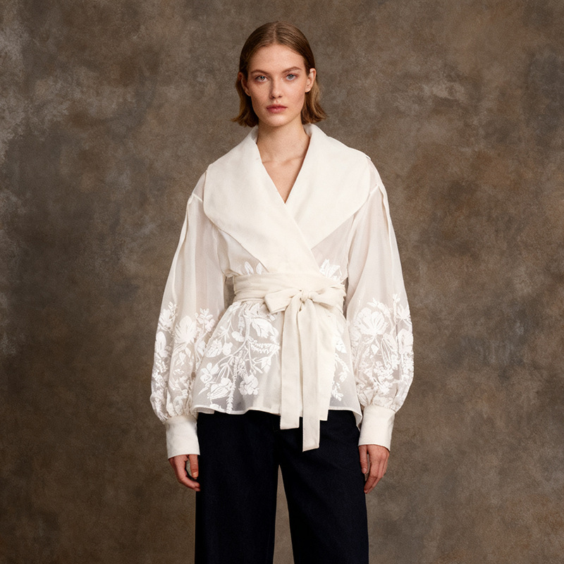 French-Style Elegant Printed Blouse 2026 Summer New Organza Large Lapel Lantern Sleeve Waist-Cinching Tie Shirt for Women