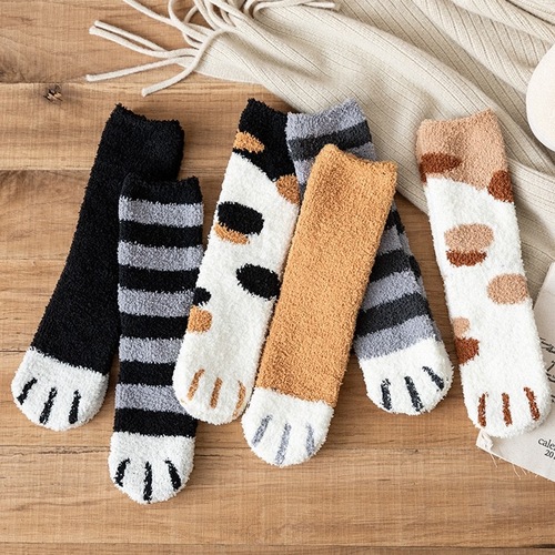 Dropshipping Thick Warm Coral Fleece Cat Paws Socks for Girls, Pile Socks, Mid-Calf, Wholesale Postpartum Socks, Autumn and Winter