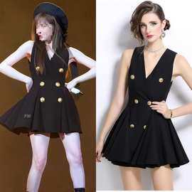 长期现货王心凌演唱会同款黑色无袖连衣裙收腰百褶短裙2025春新款