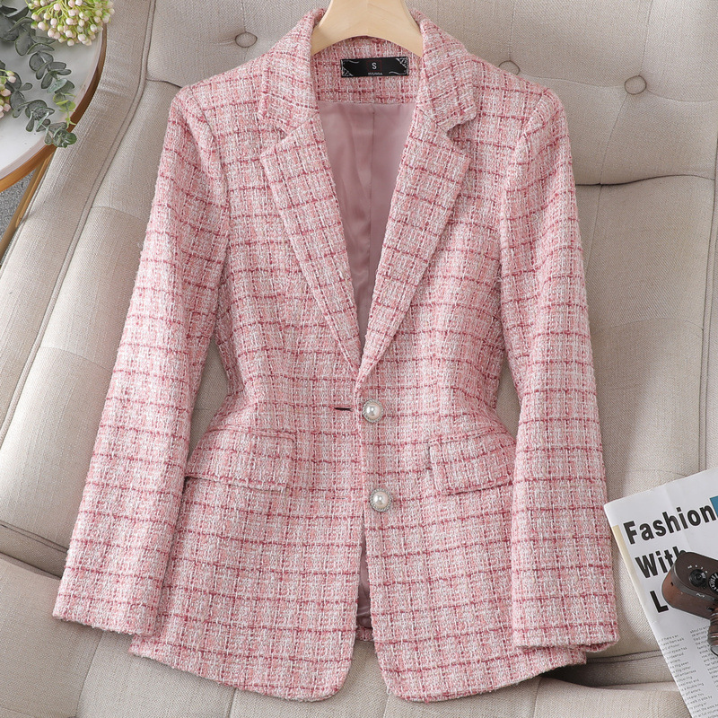 Pink Suit for Women 2025 Autumn and Winter New High-End Tweed Plaid Design Elegant Goddess-Style Blazer