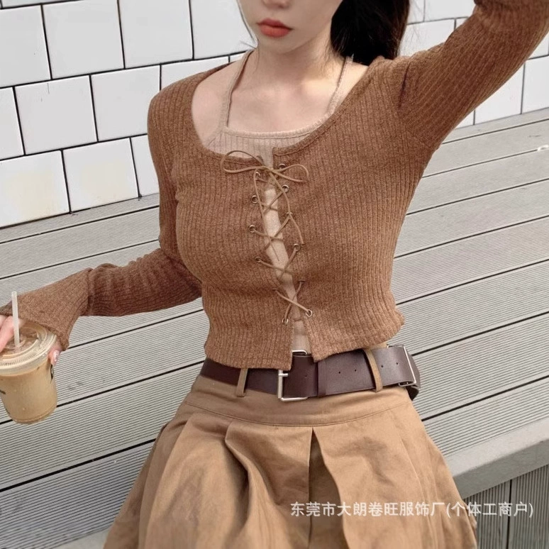 Чистая горячая девушка короткие поддельные два топа женская мода иностранная осень женская ретро темперамент американская футболка