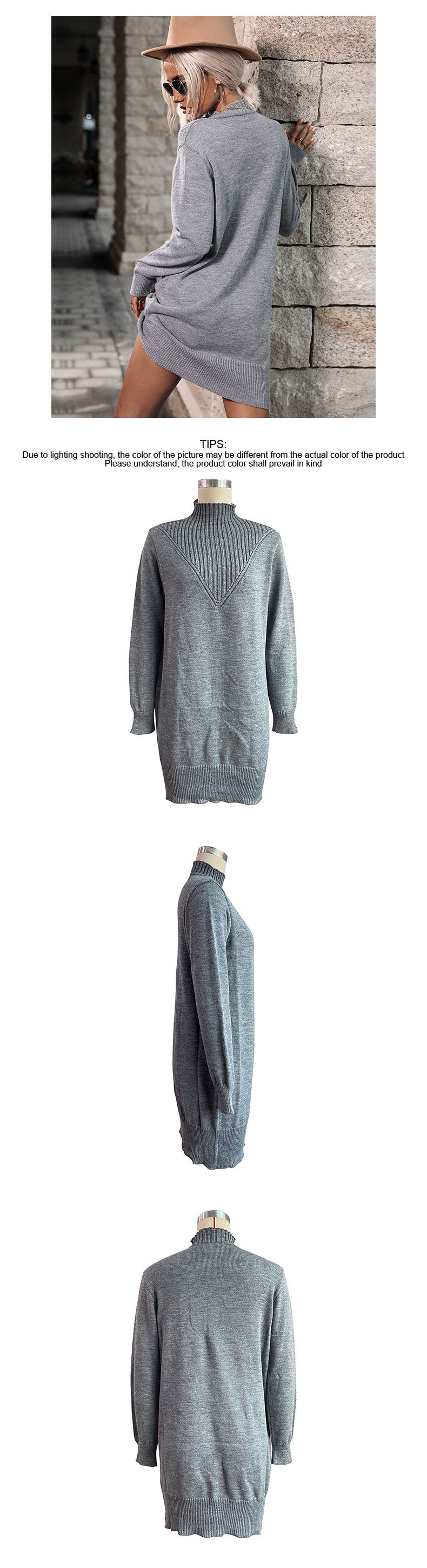 Vestidos tipo suéter ajustados de punto con medio cuello alto y color liso_voghion.com