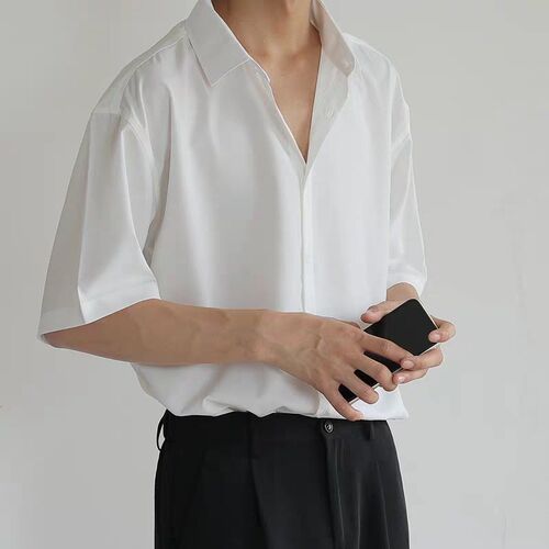 Short-sleeve shirt for men, loose iron-free collarless jacket, half-sleeve Hong Kong-style drape coat, cool rebel men's top, summer thin version