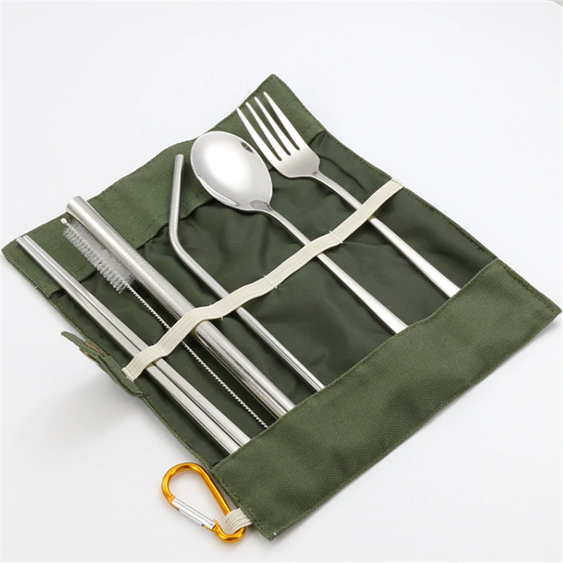 Портативная уличная посуда, косметичка, набор соломинок из нержавеющей стали, ложка, вилка, палочки для еды, тканевая сумка для соломинки, косметичка