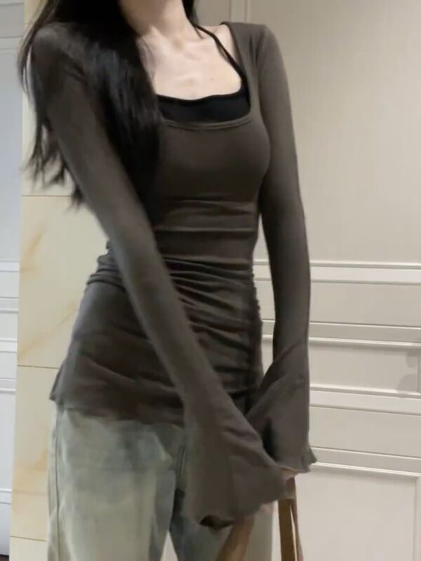 [260g Rayon Modal] Bell Sleeve Square Collar Long Sleeve T-Shirt for Women Pleated Waist Elastic Bottoming