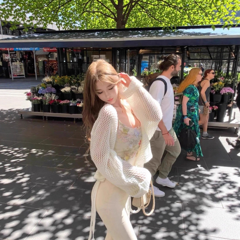 鱼姬少女 套装蕾丝网纱鱼尾连衣裙修身包臀吊带长裙+镂空防晒罩衫|undefined