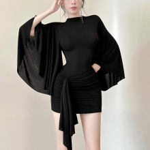 跨境欧美风2025冬季新款女装高领喇叭袖立体褶皱收腰显瘦连衣裙