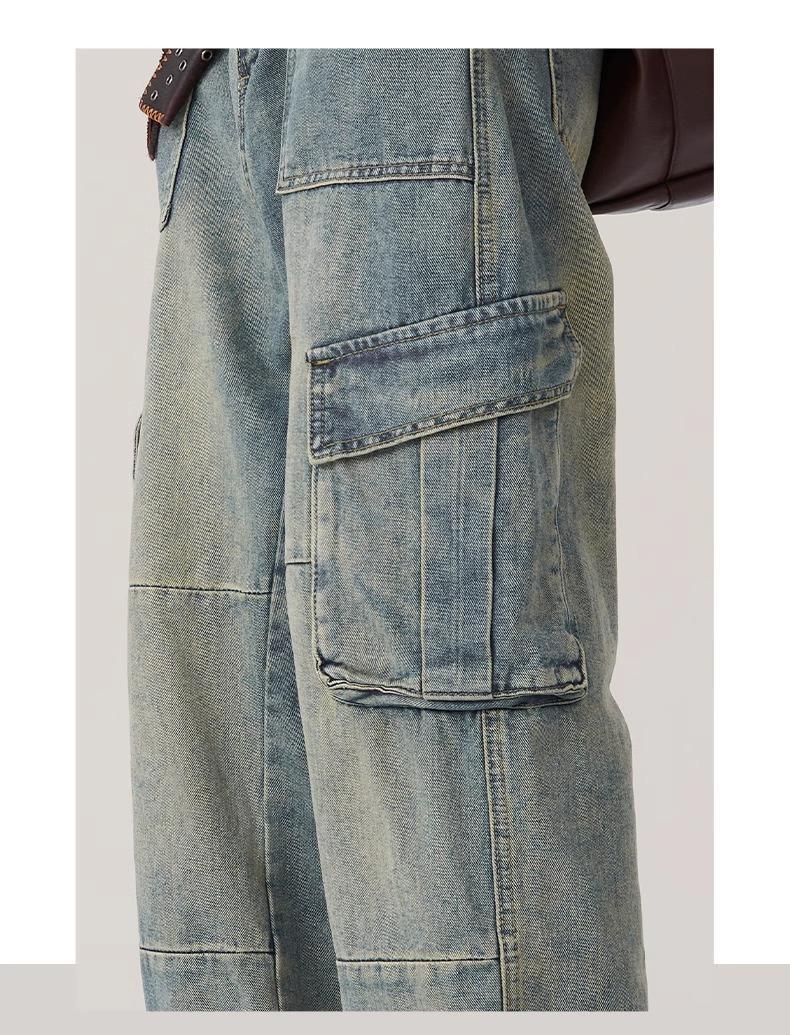 Vintage Washed Patchwork Cargo Wide Leg Jeans, Men's American High Street Loose Straight Streetwear Denim Pants_mkmklike.com