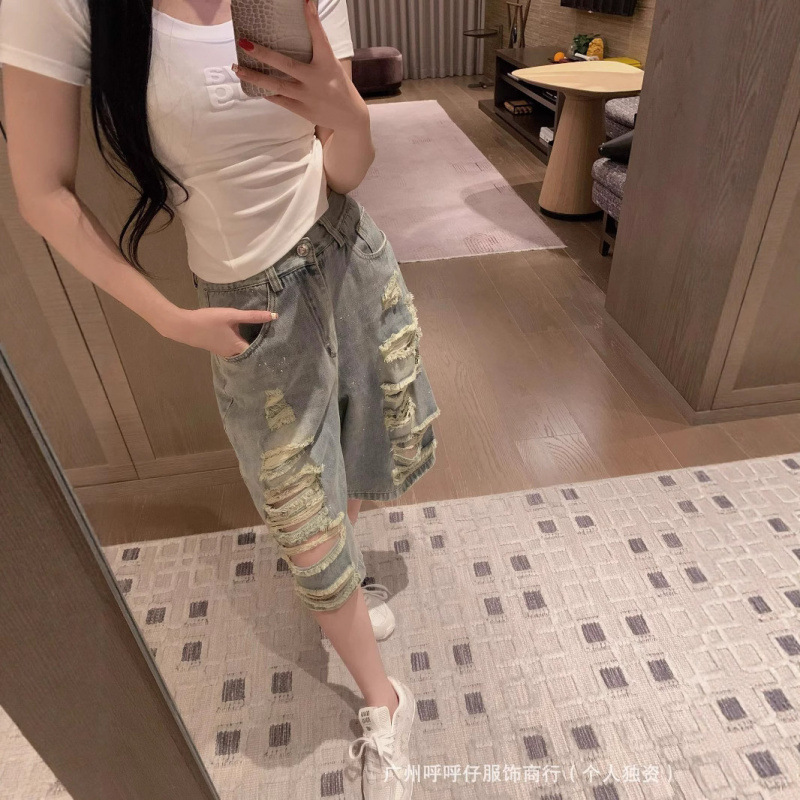 25新しい夏のニッチデザイントレンディブランドダメージ加工リッピングペイントドットデニムミッドパンツ女性用|undefined