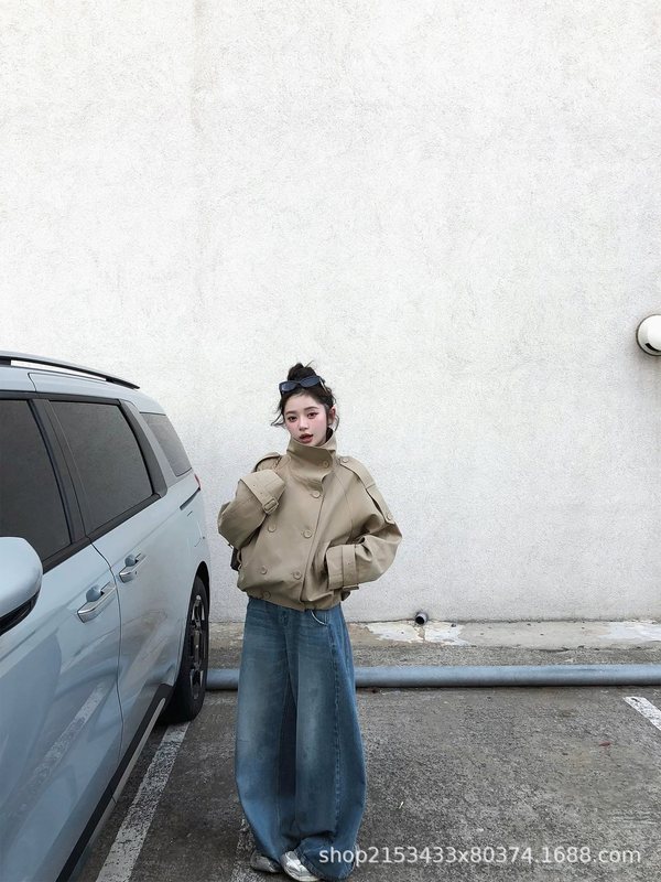 高品质实拍Ac新款英伦风设计感立领短款双排扣风衣外套女|undefined