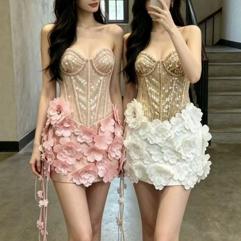 Vietnamese Niche Designer's Same Style 26 Spring and Summer New Women's Sweet Style Sequined Tube Top Birthday Party Dress