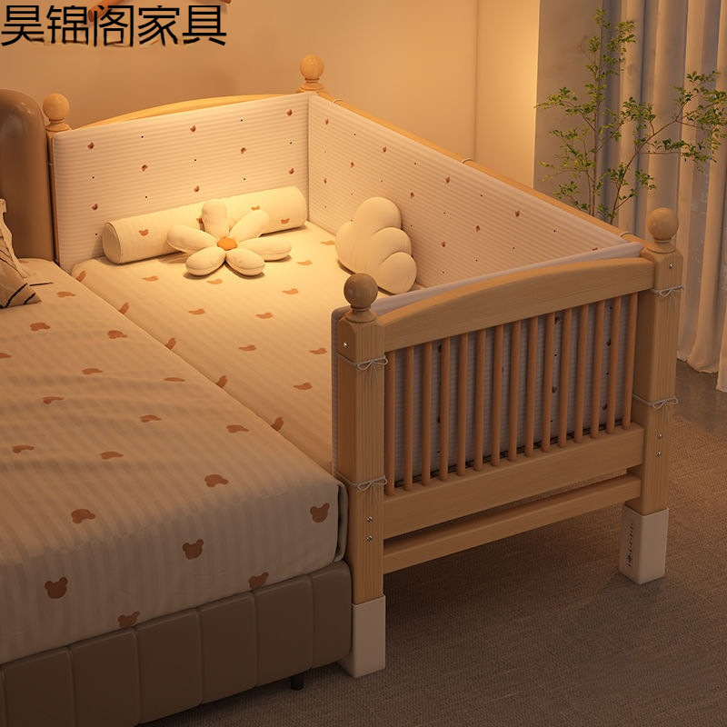 Solid Wood Splicing Bed, Extra Wide Bedside Baby Single Bed, Beech Wood High Guardrail, Adjustable Children's Crib