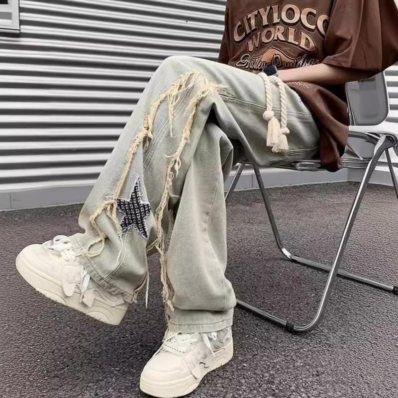 American Style Trendy Brand Jeans Men's and Women's Vintage Washed Star Pair Embroidered Big Rope Loose Straight Casual Trousers for Men