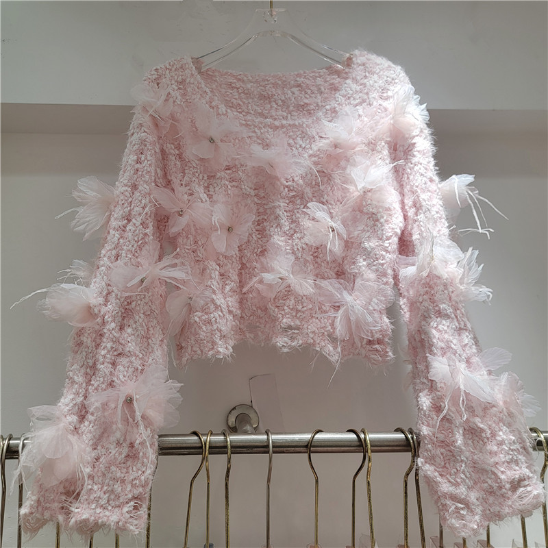 Suéter de cuello redondo de estilo francés suave peludo pegajoso nuevo diseño de primavera de otoño sensación de hadas floating jersey