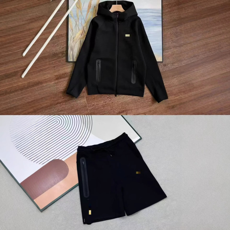 Cross-Border In-Stock New Casual Sports Air-Layer Cotton Technology Hooded Jacket and Shorts Set, Unisex
