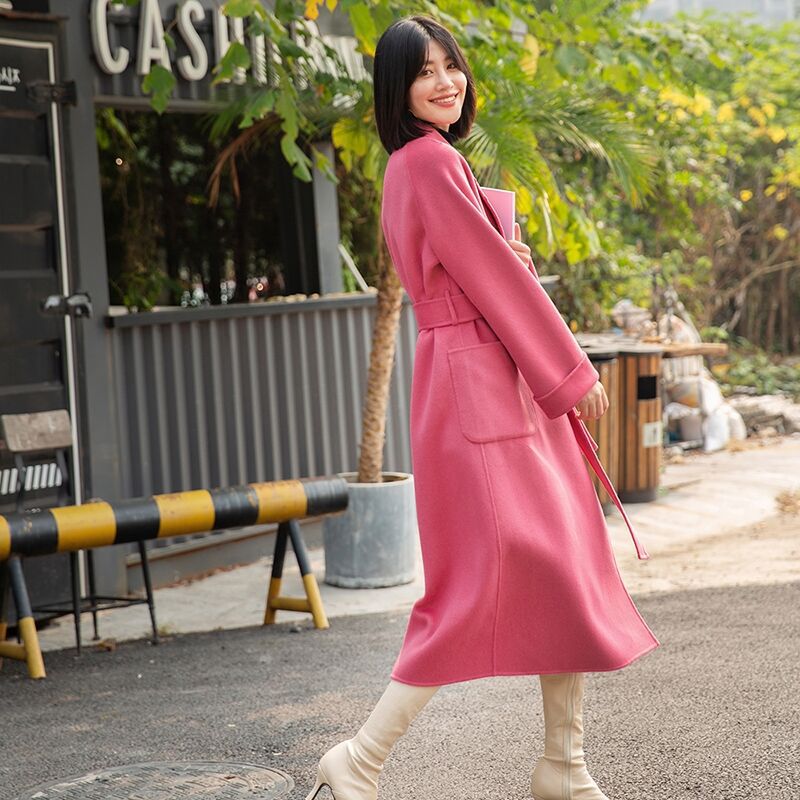 2021 Autumn and winter new pattern Cedar Pink Two-sided Cashmere overcoat Mid length version Two-sided Woolen High-end coat