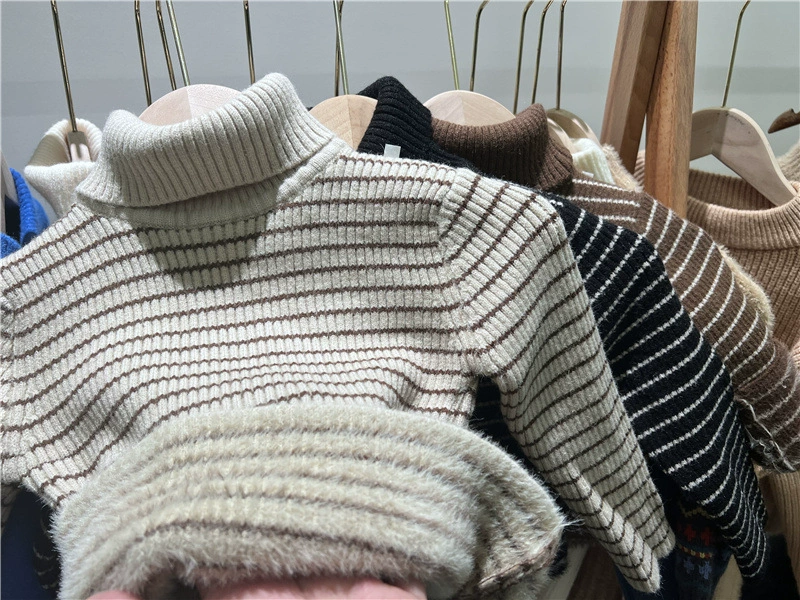 Цельный бархатный свитер для девочек, Новинка осени и зимы, детская Базовая рубашка в полоску с высоким воротником в западном стиле, большая детская утолщенная на флисовой подкладке
