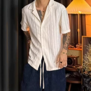 广州十三行强烈推荐！2026夏季新款男士短袖衬衫美式潮牌镂空上衣