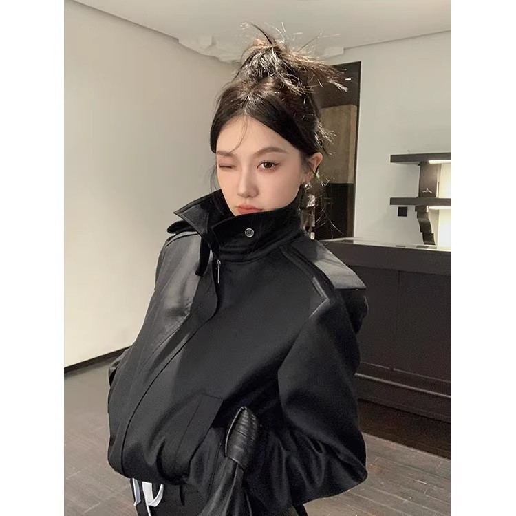 黑色立领阔肩外套上衣女秋季新款个性复古休闲百搭短款夹克机车服|undefined