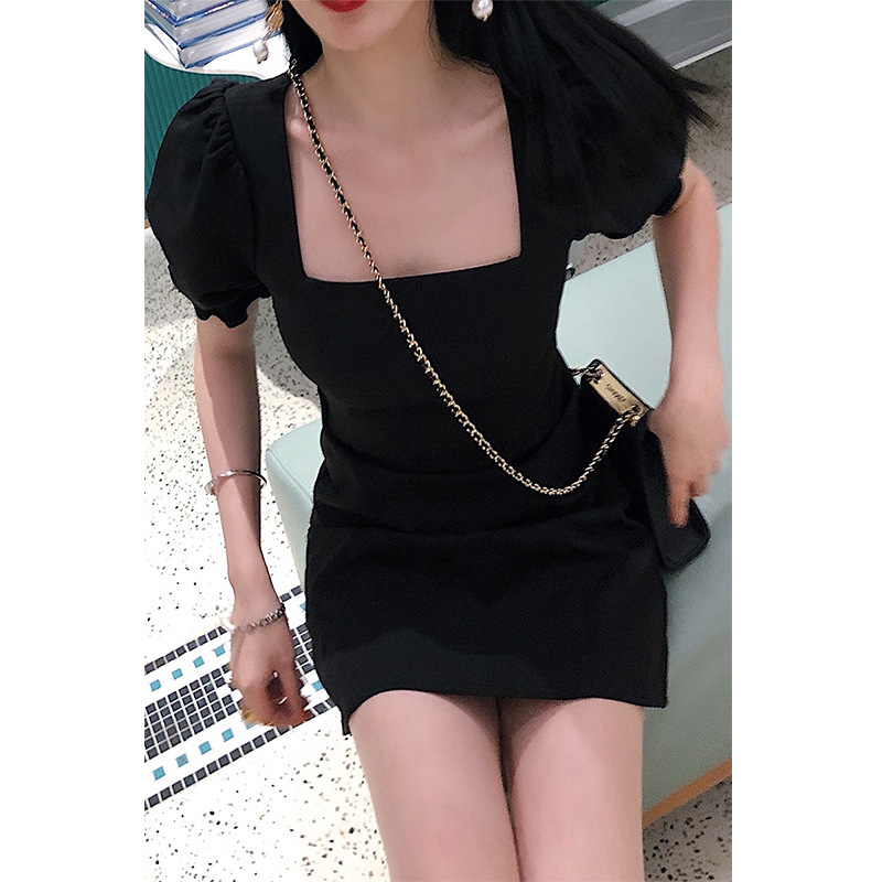 Square collar puff sleeve black short sleeve pleated slimming Korean style simple short sheath dress Daily 2021 New