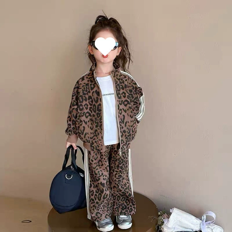 Детские костюмы для девочек весна 2025, модная спортивная одежда для девочек, весна-осень, детские куртки с леопардовым принтом