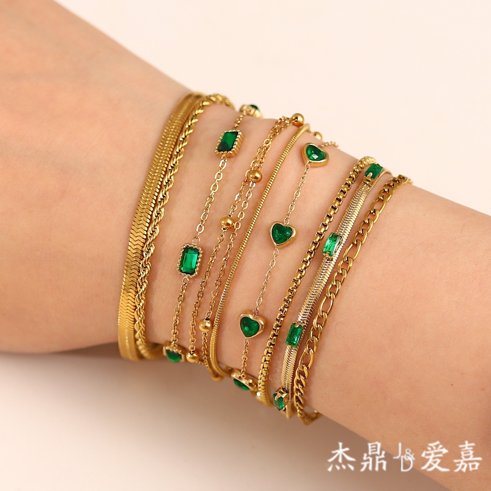 Nicho francés chapado en oro pulsera de circón con diseño de flash verde de alta calidad pulsera de lujo ligero no se desvanece la joyería de acero de titanio