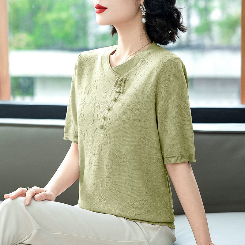 Мама маленькая рубашка иностранная 2025 новая средняя и пожилая леди трикотажная рубашка с короткими рукавами из ледяного шелка