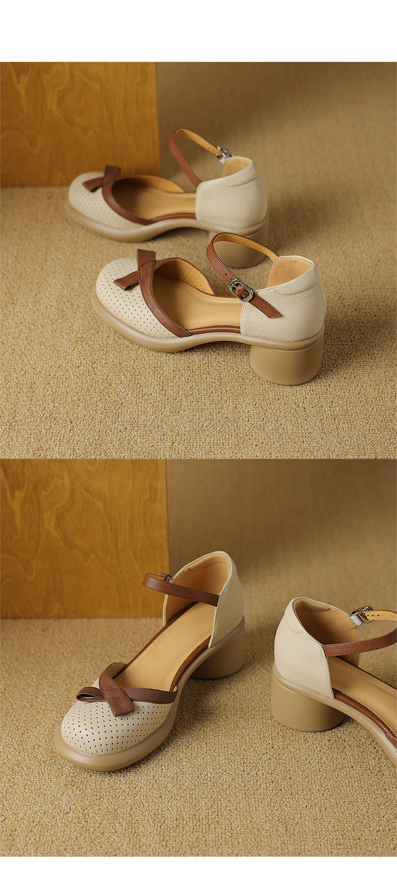 Sandal nữ bít mũi đục lỗ da cừu, quai ngang thắt nơ, gót vuông đế dày — Màu trắng be chi tiết 12