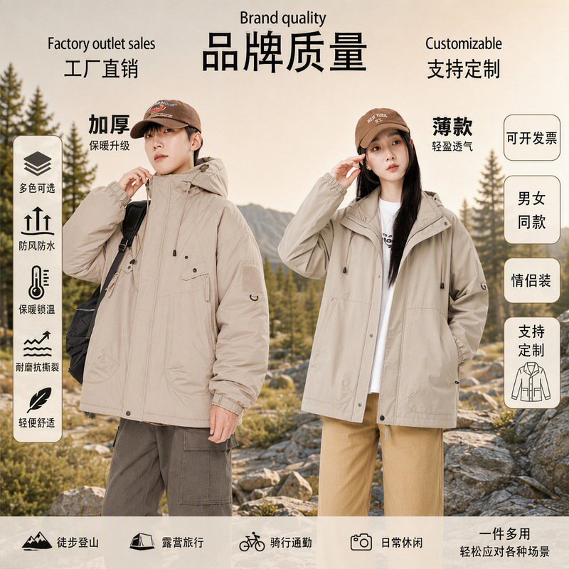 Autumn and winter three-proof integrated hooded jacket, unisex outdoor cotton coat, women's warm cotton coat, custom-made Autumn and winter three-proof integrated hooded jacket, unisex outdoor cotton coat, women's warm cotton coat, custom-made