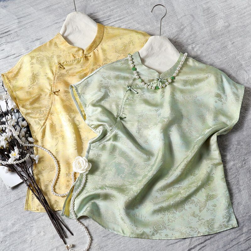 Nanyou Silk Jacquard New Chinese Style National Style Top for Women, Summer Stand Collar, Diagonal Placket, Age-Reducing Short-Sleeve Blouse T-Shirt Nanyou Silk Jacquard New Chinese Style National Style Top for Women, Summer Stand Collar, Diagonal Placket, Age-Reducing Short-Sleeve Blouse T-Shirt