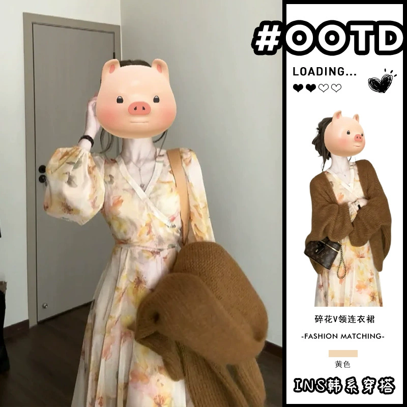 Нежное французское платье с V-образным вырезом и цветочным принтом для женщин, ранняя весна 2025 года, новый стиль и красивый костюм