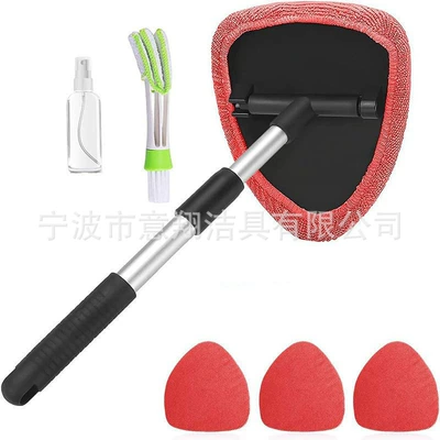 Window Defogging Brush Sponge | Car cleaning tools - pentagonal-telescopic-pole-4-red-cloth-covers-1-bottle-1-detail-brush