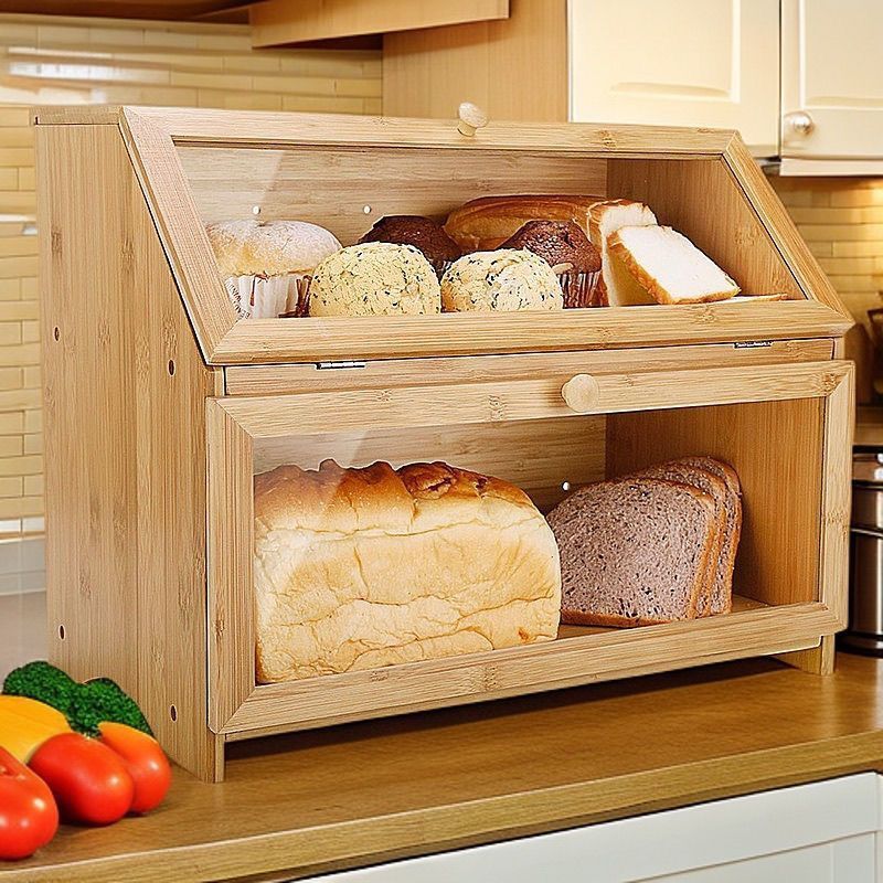Gabinete de pan de doble capa de bambú, caja de almacenamiento de pan de mesa de cocina doméstica, caja de almacenamiento de bocadillos de pasteles con tapa doblada image 3