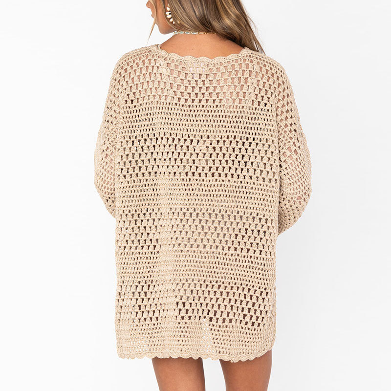 287g Weight Sunscreen Shirt Outerwear Type Long Sleeve Sleeve Length Pullovers Placket Type Cotton Blend, Polyester, knit Fabric Type Regular Top Length Round Neck Neckline Trumpet, Solid Color Pattern Spring&Summer Season Women's Gender Beach, Roman Style Style Women's Trumpet Solid Color Beach Roman Style Cover Ups 17